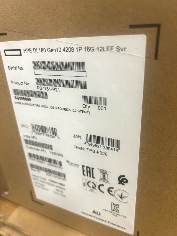 HP P37151-B21 HPE DL180 GEN10 4208 1P 16G 12LFF SVR