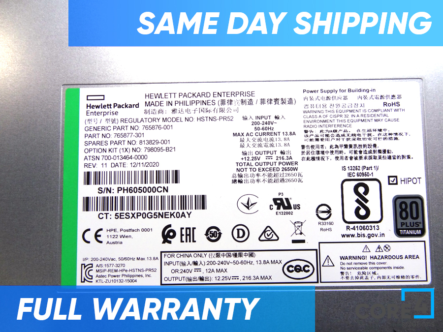 HP 765876-001 SYNERGY 12000F 2650W POWER SUPPLY - 798095-B21, 813829-001, 765877-101, 765877-301 