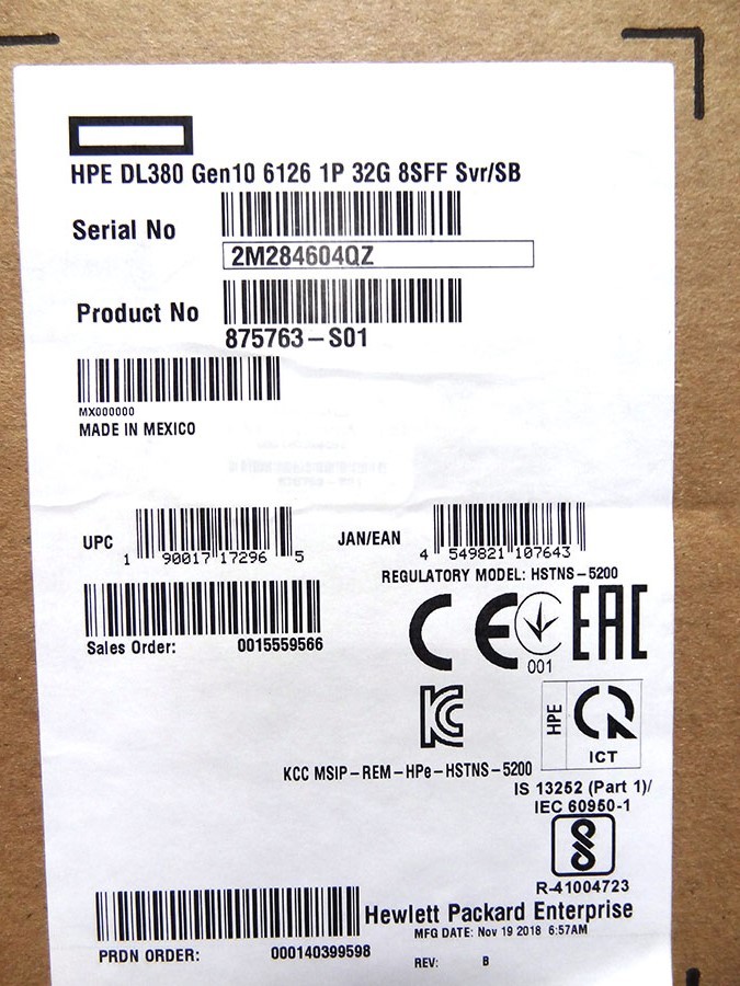 HP 875763-S01 DL380 GEN10 6126 1P 32G 8SFF SERVER *New Sealed*