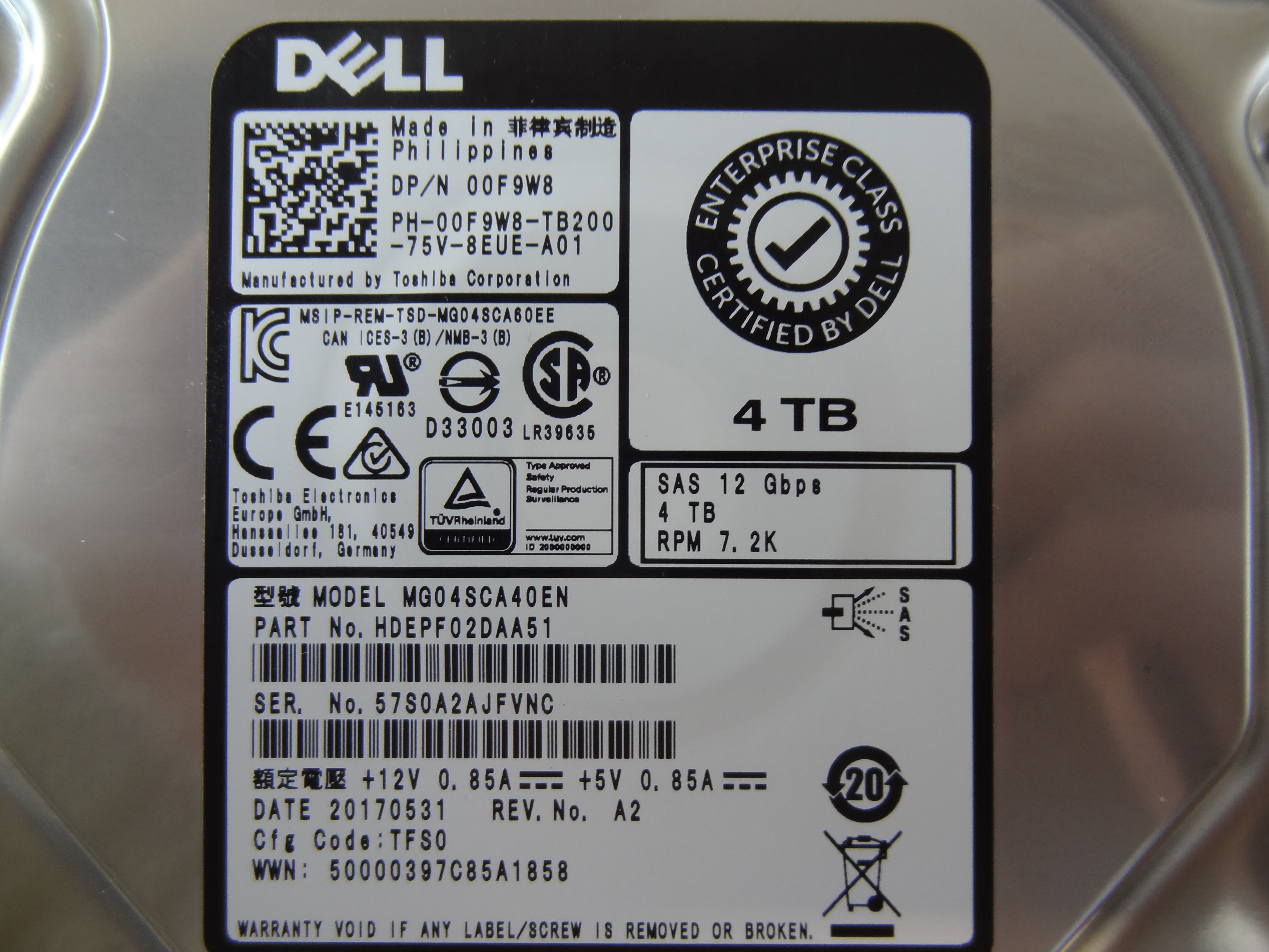 DELL 0F9W8 4TB 7.2K NL SAS 12G 3.5in HDD