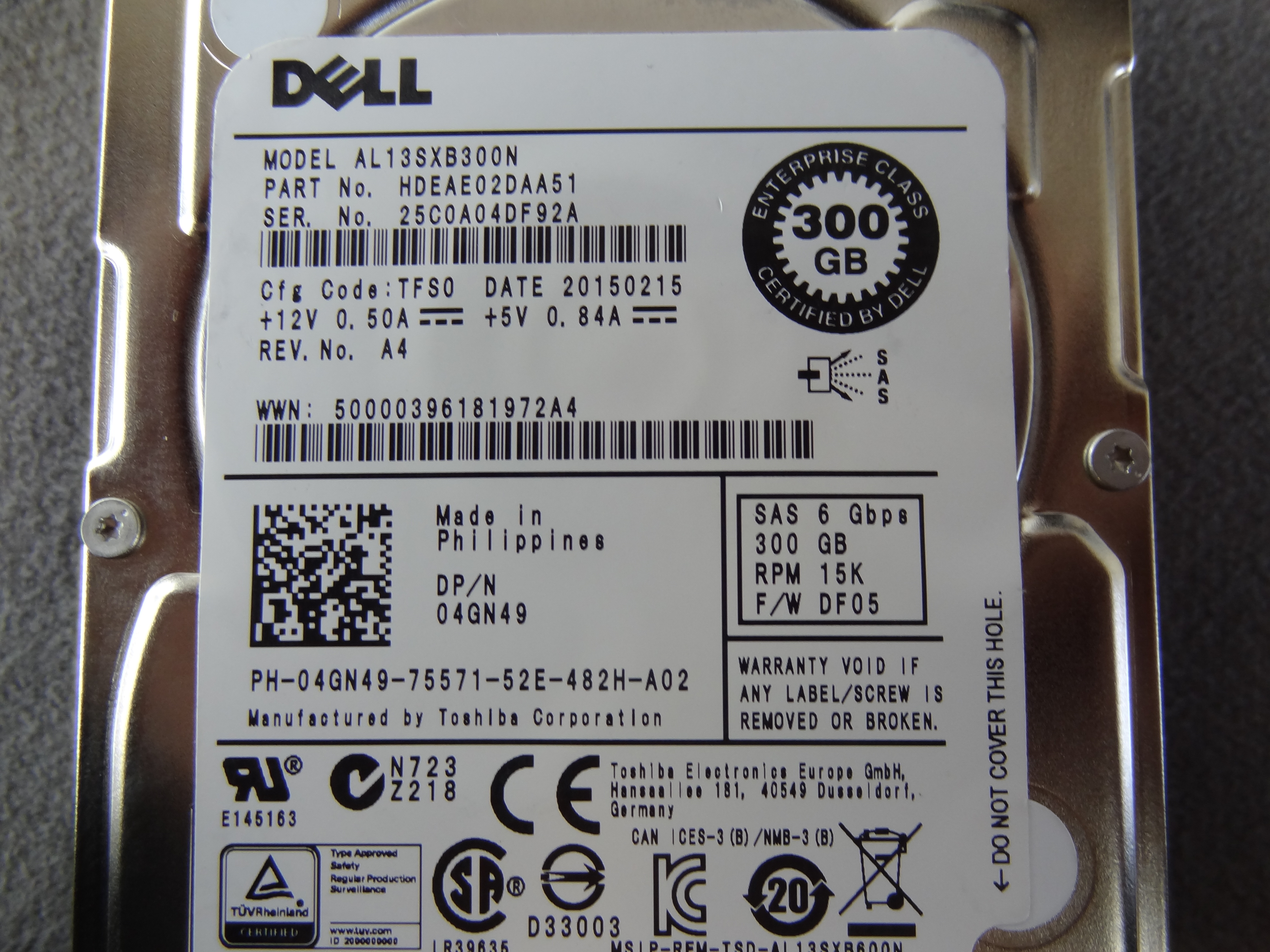 DELL 4GN49 300GB 15K 2.5IN 6GBPS SAS HDD
