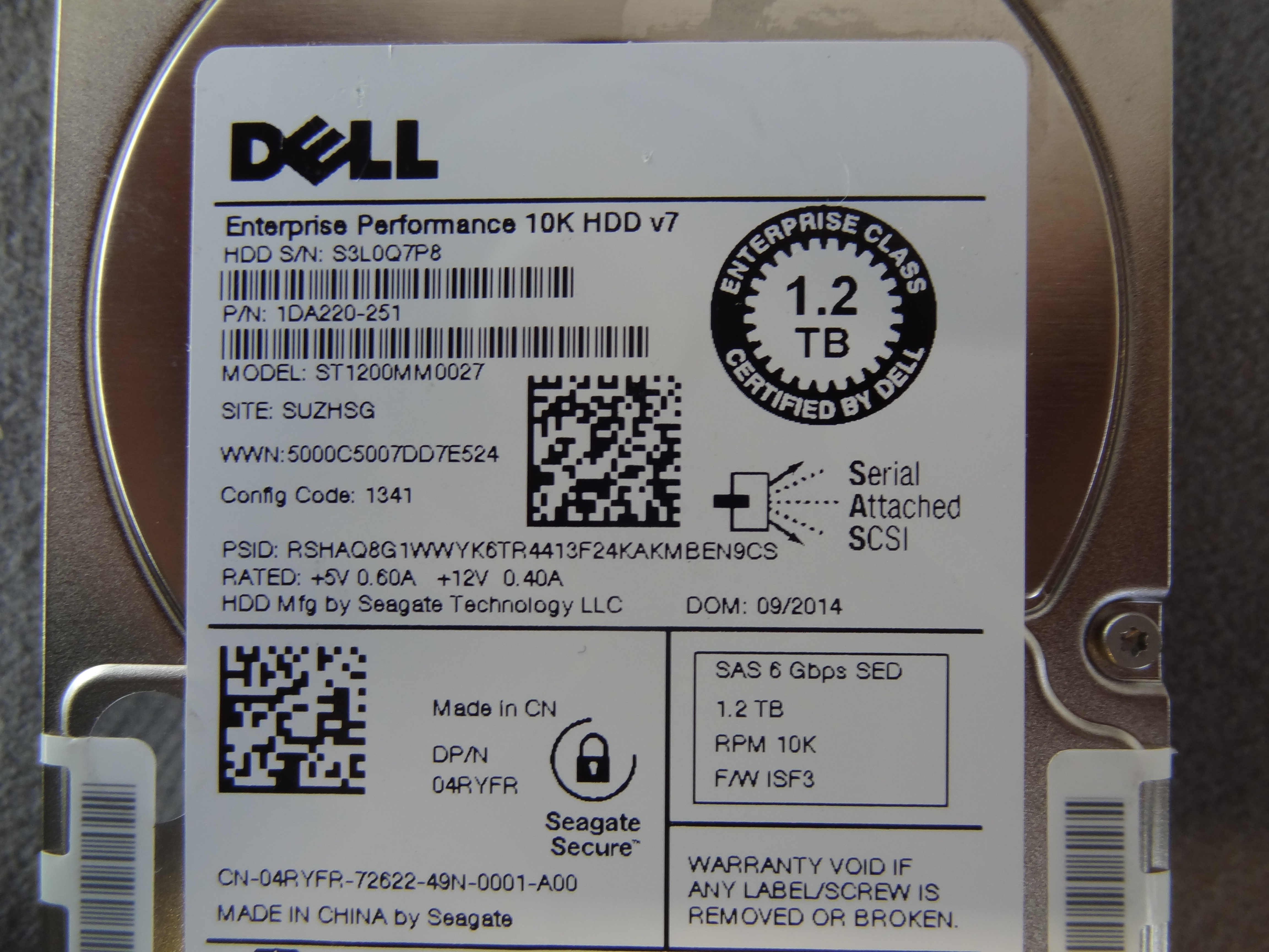 DELL 4RYFR 1.2TB 10K 6GB 2.5 SED DRIVE