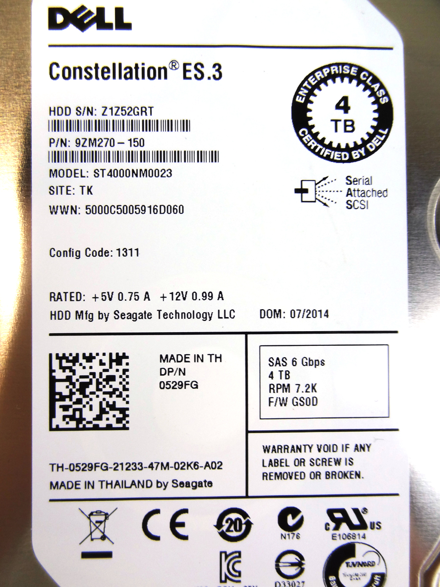 DELL 529FG 4TB 7.2K 3.5 SAS 6GBPS HARD DRIVE