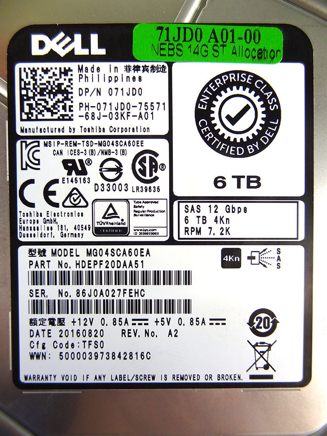 DELL 71JD0 6TB 7.2K 12G SAS 3.5 HDD
