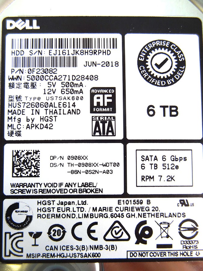 DELL 908XX 6TB 7.2K 6GB 3.5 512E SATA HDD