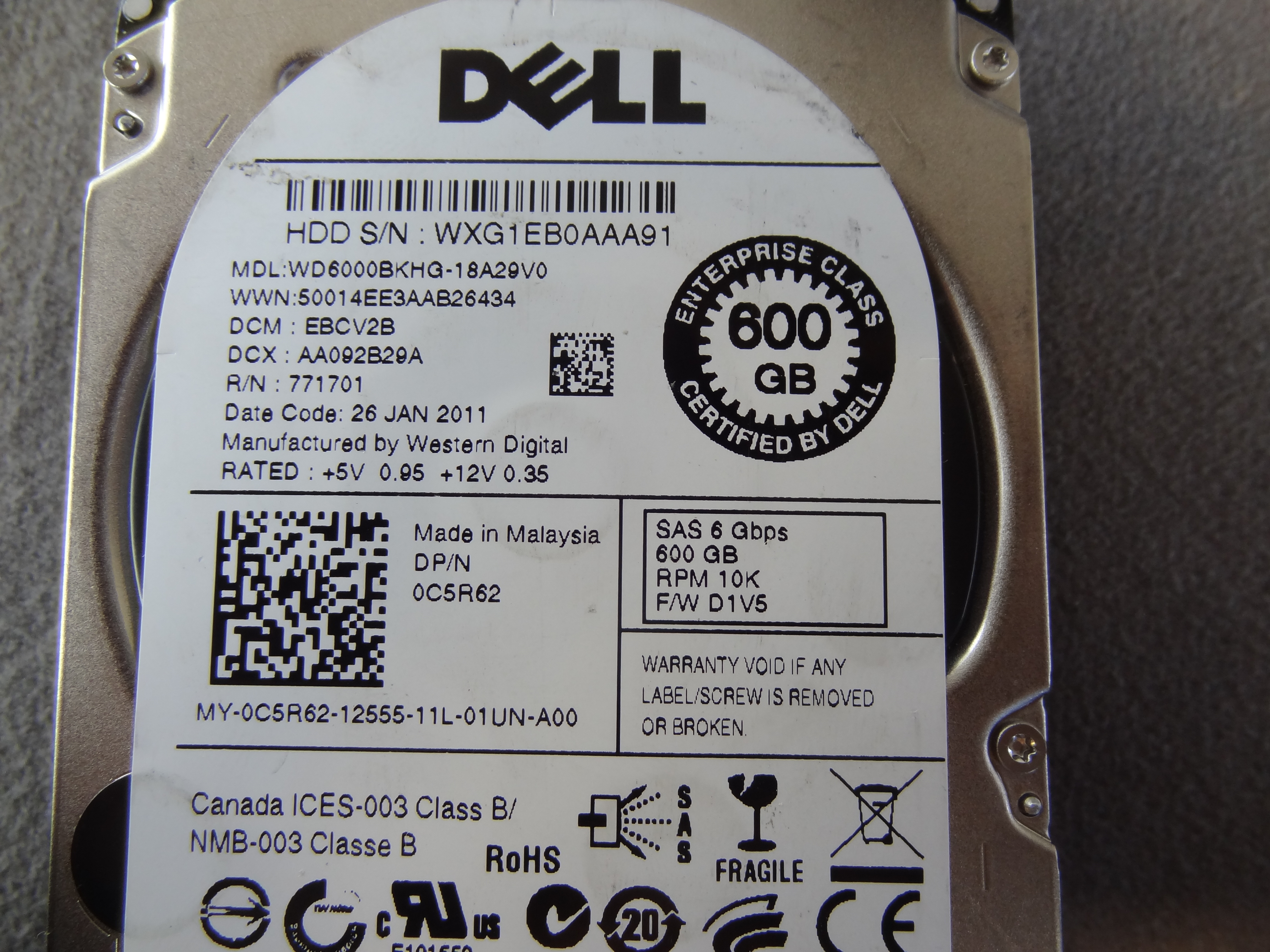DELL C5R62 600GB 10K 2.5in 6GBPS SAS HDD