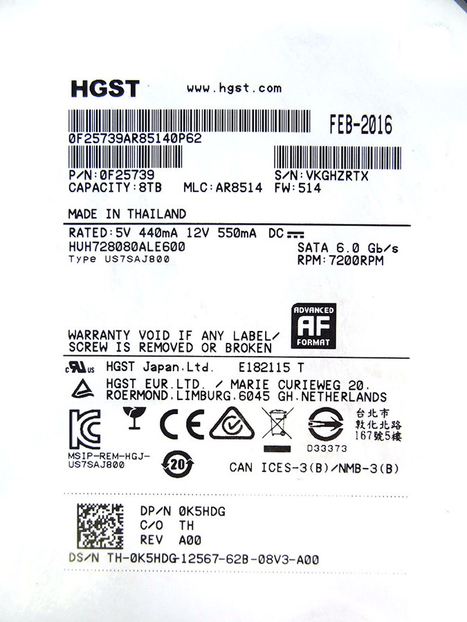 DELL K5HDG 8TB 7.2K 3.5 6GB/S 512E SATA HDD
