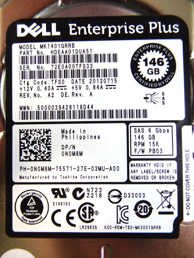 Equallogic N0M8M 146GB 15K SAS 2.5in SFF Hard Drive W/Tray