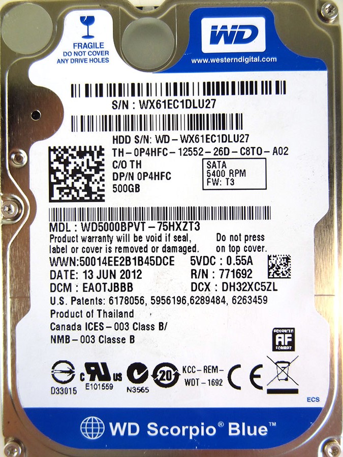 DELL P4HFC 500GB 54K 2.5IN SATA 300 AF HDD 