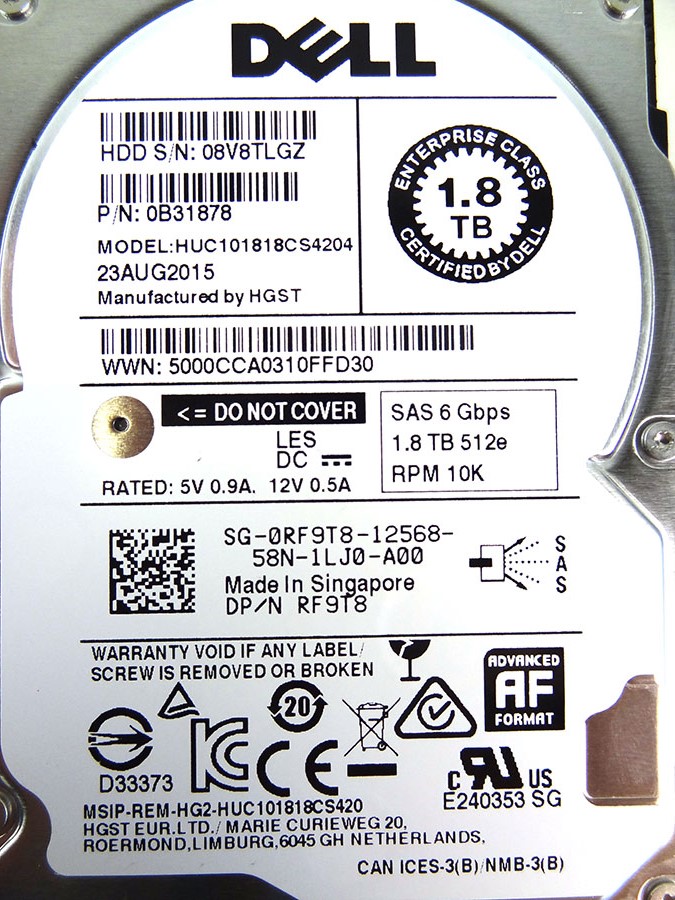 DELL RF9T8 1.8TB 10K SAS 2.5' 6GPS