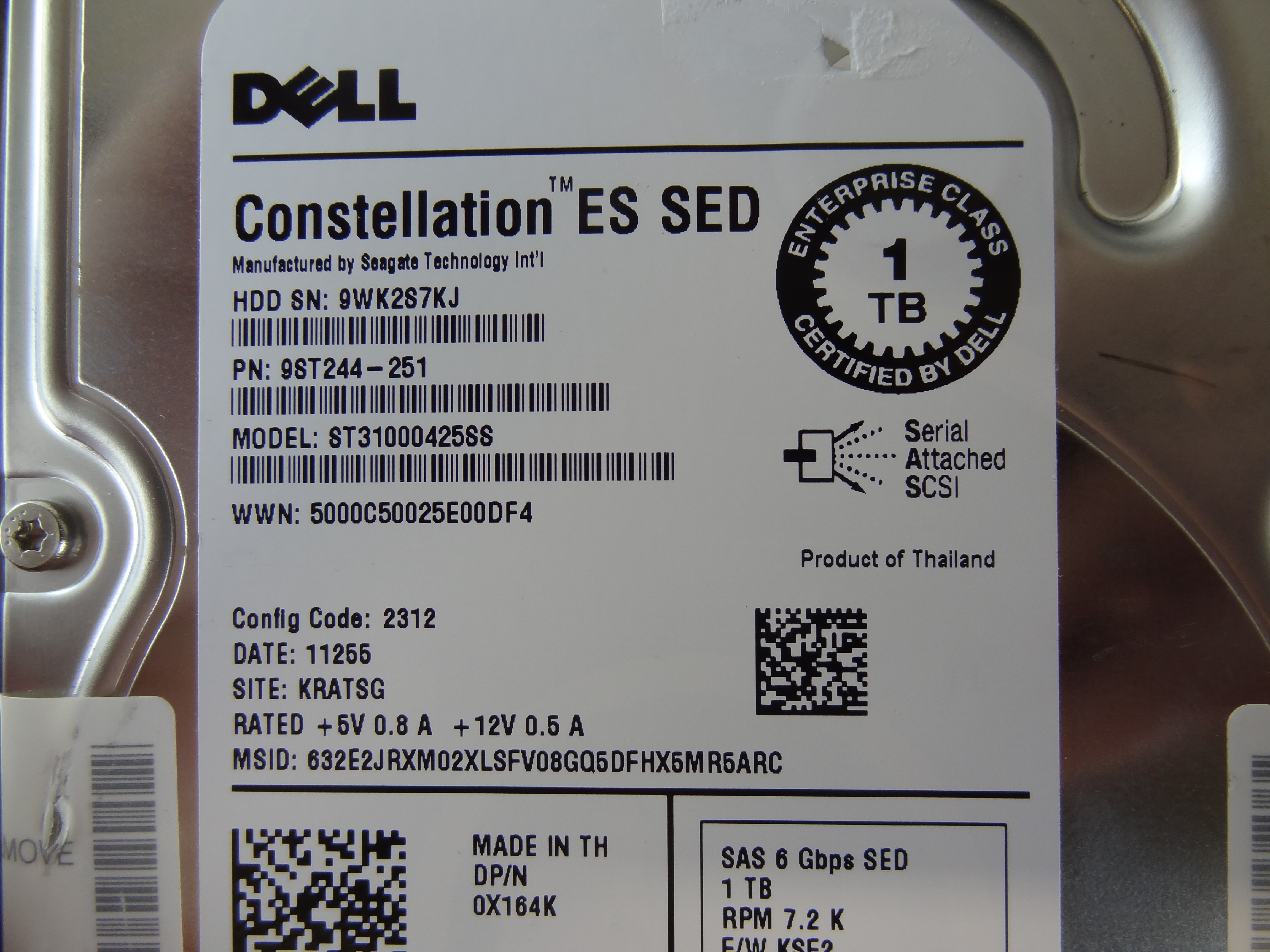 DELL X164K 1TB 7.2K NL SAS 6GB SED 3.5 HARD DRIVE