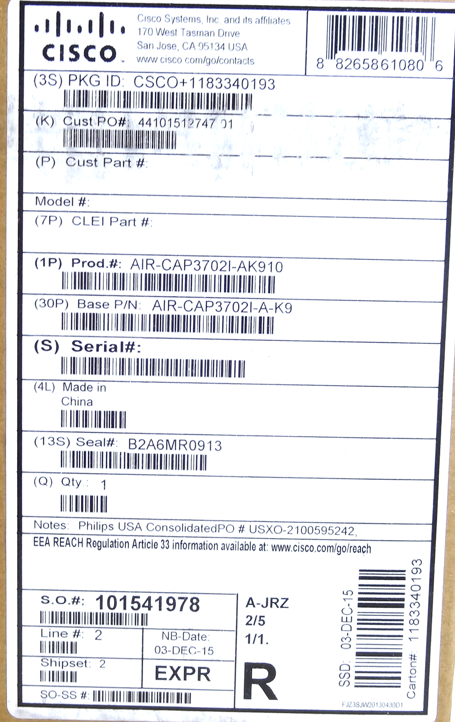 CISCO AIR-CAP3702I-AK910 802.11AC CTRLR 10APS 4X4 3SS CLEANM
