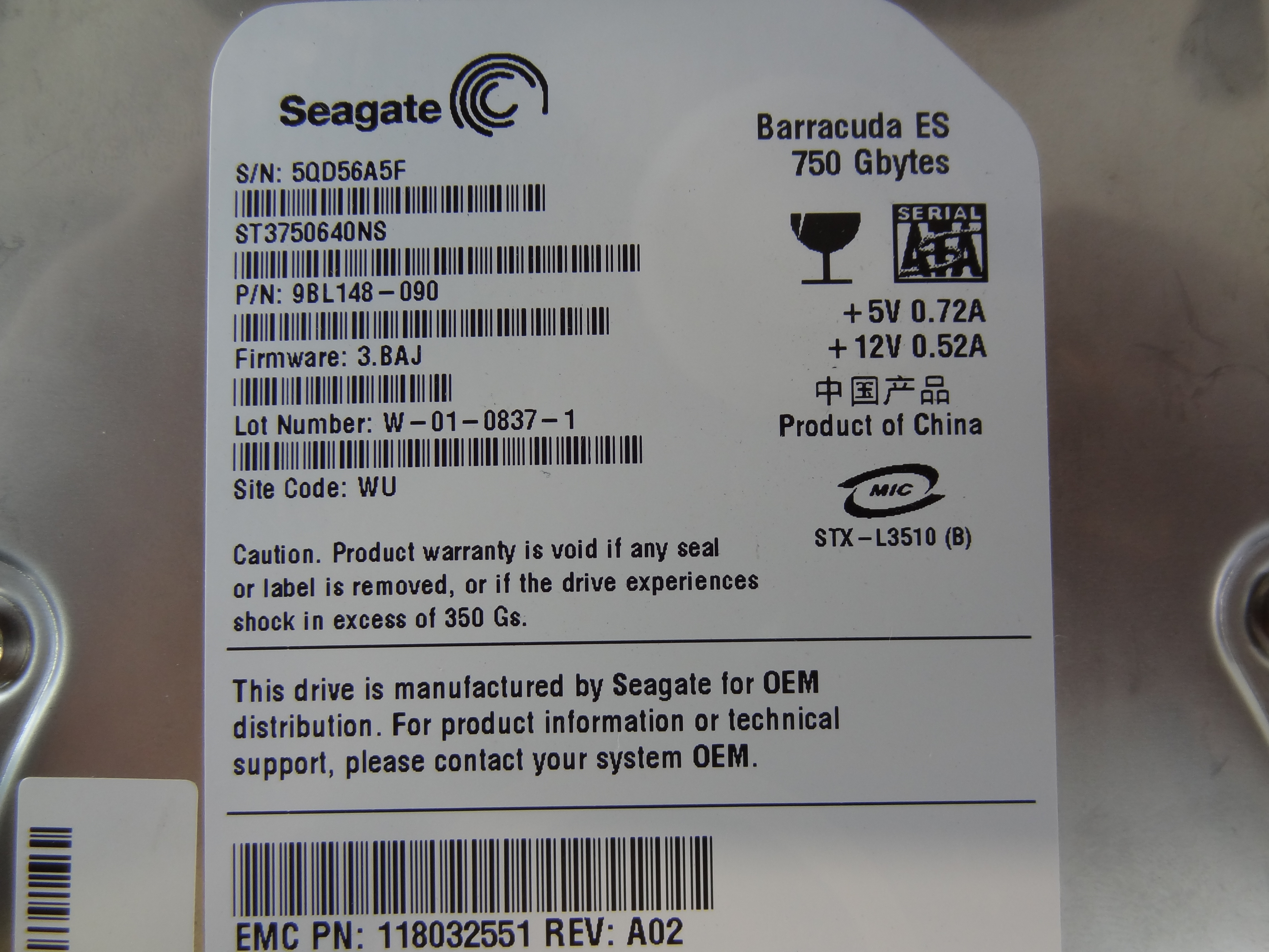 EMC 118032551 750GB 7.2K SATA DRIVE - CY623
