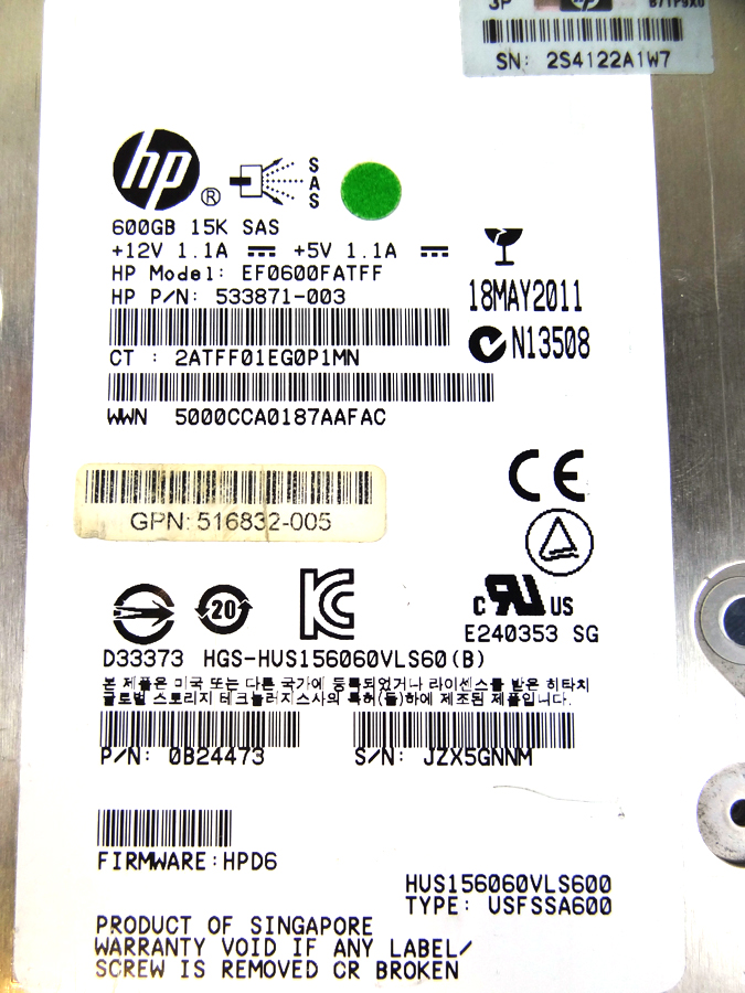 HITACHI HUS156060VLS600 600GB 6G15K SAS LFF HDD 