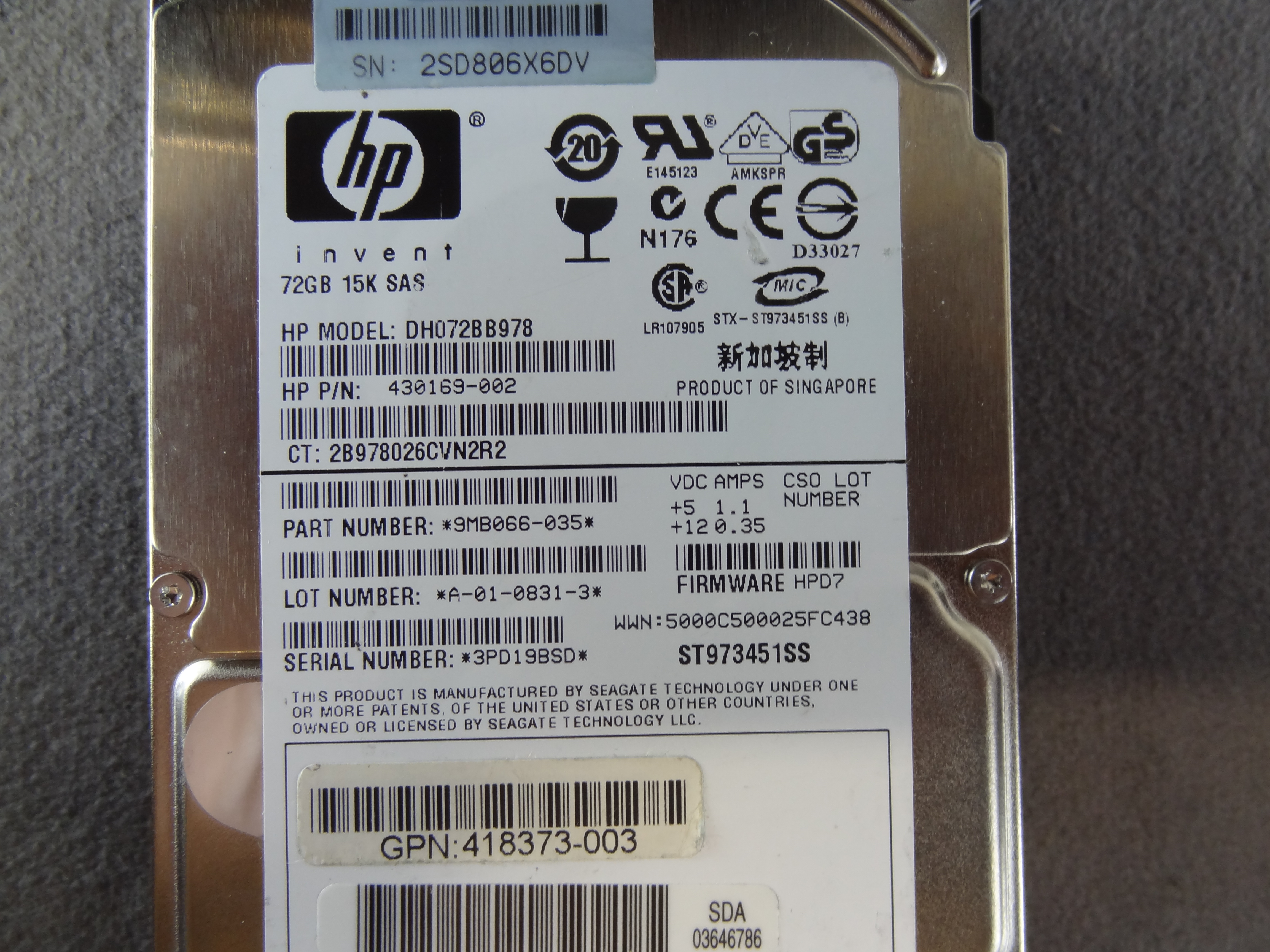 HP 430169-002 72.8GB 15000RPM 2.5INCH SAS DUAL PORT HARD DRIVE WITH TRAY