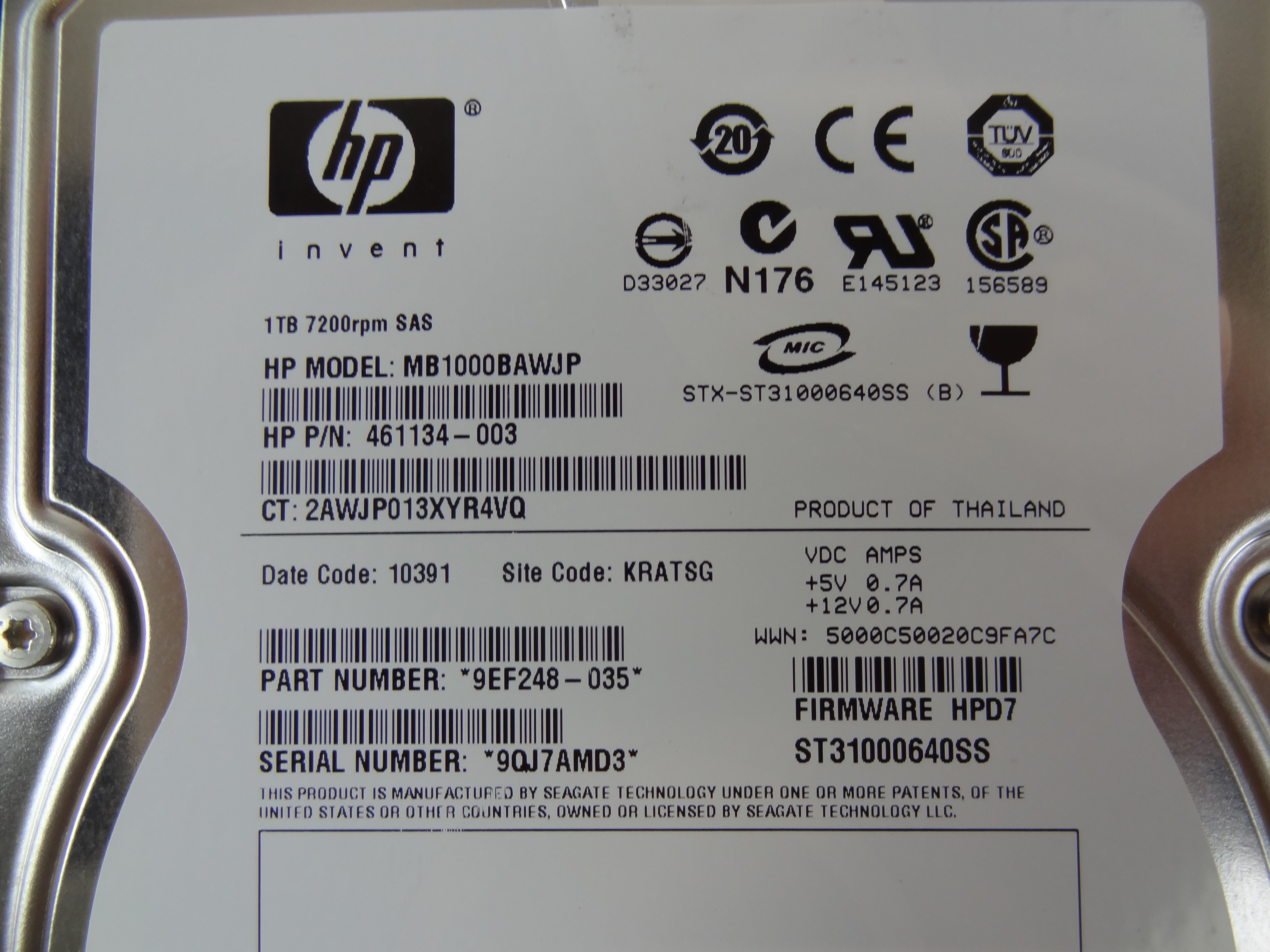 HP 461289-001 1TB 7.2K RPM HOT PLUG SAS DP - 461137-B21