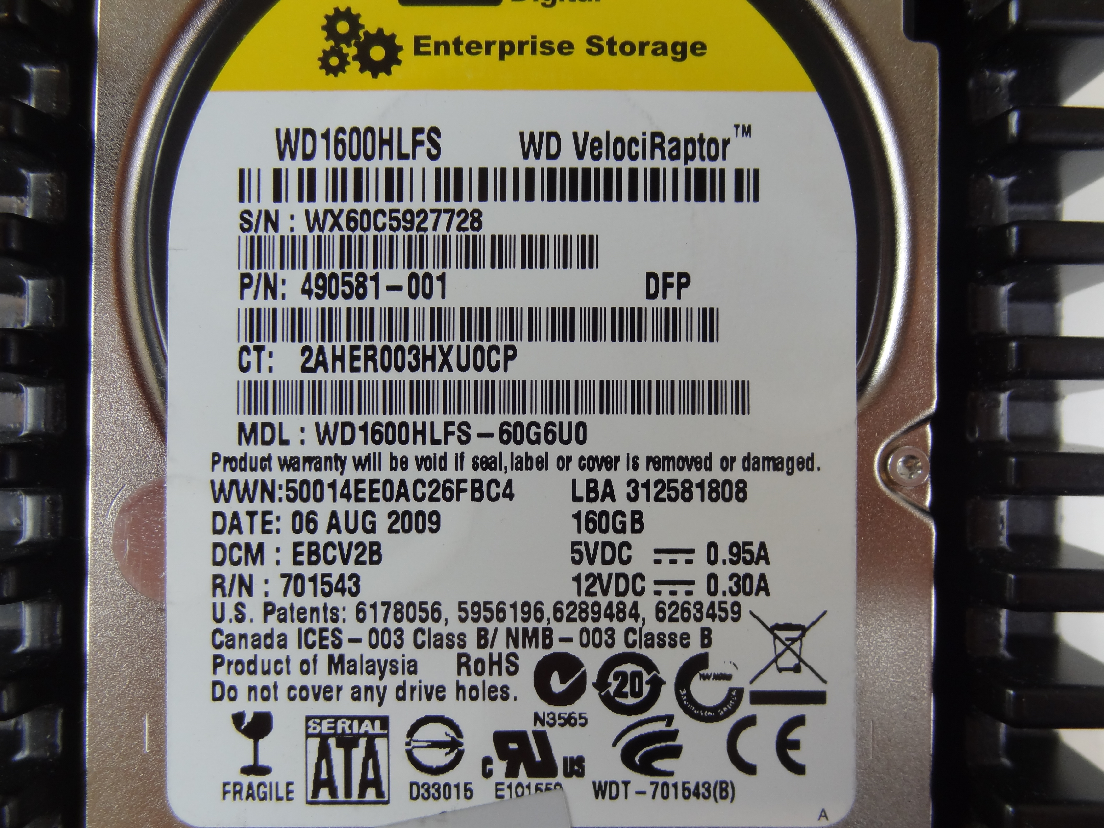 HP 508029-001 160GB 10K SATA 6GB (BARE 2.5IN IN A 3.5IN FRAME) HDD FOR HP WORKSTATION