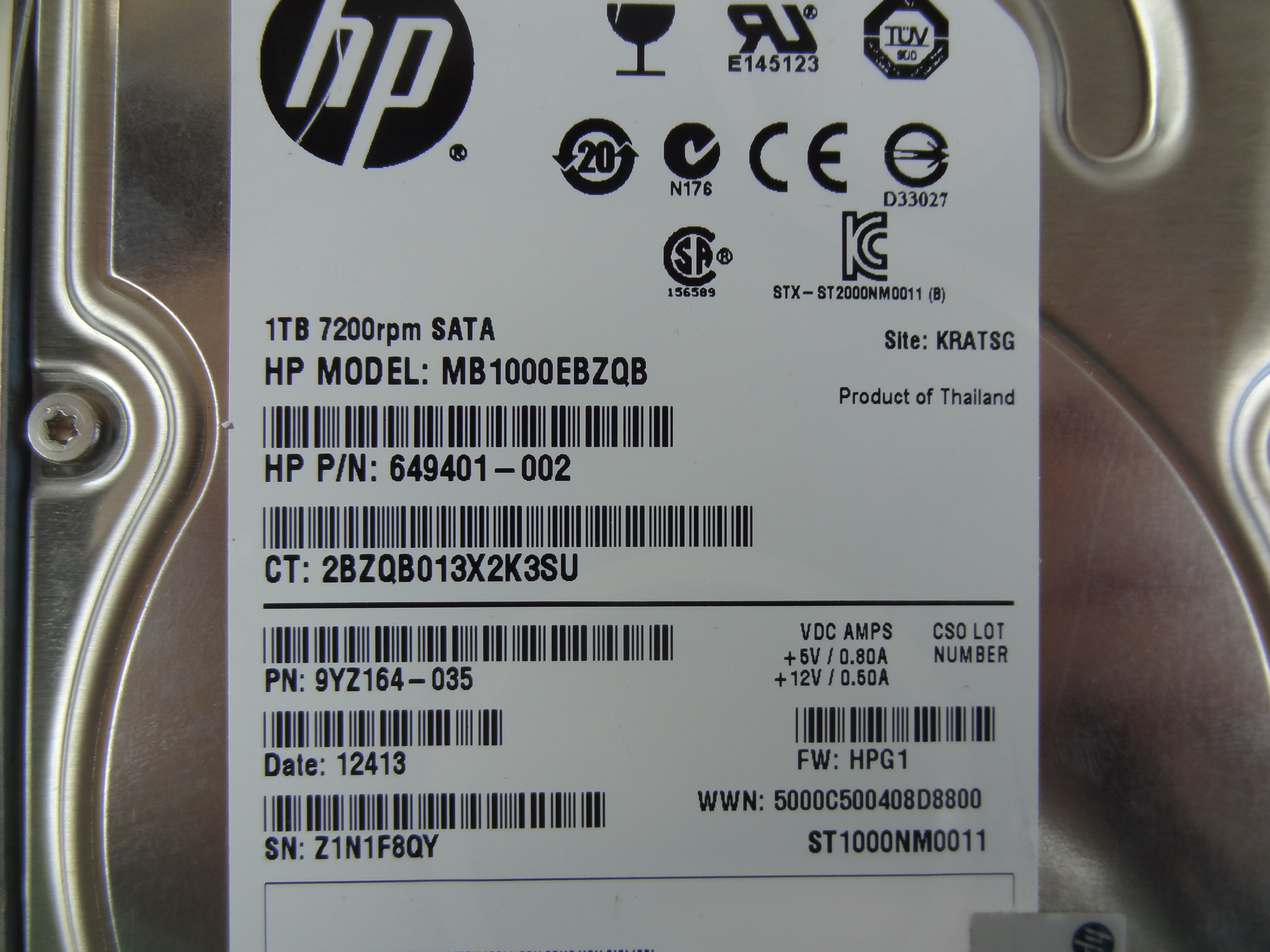 HP 583311-001 1TB 7200RPM SATA 3.5INCH HOT PLUG MIDLINE HARD DRIVE -454146-B21, 454273-001, 536648-001, 610852-001, 619462-001