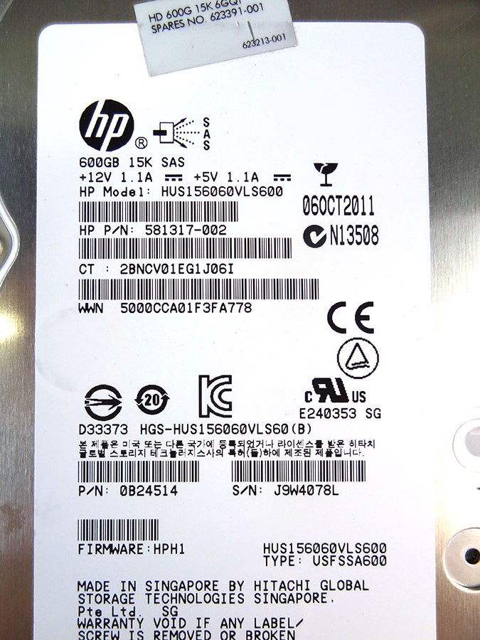 HP 623391-001 600GB 15K SAS 3.5 NHP HARD DRIVE
