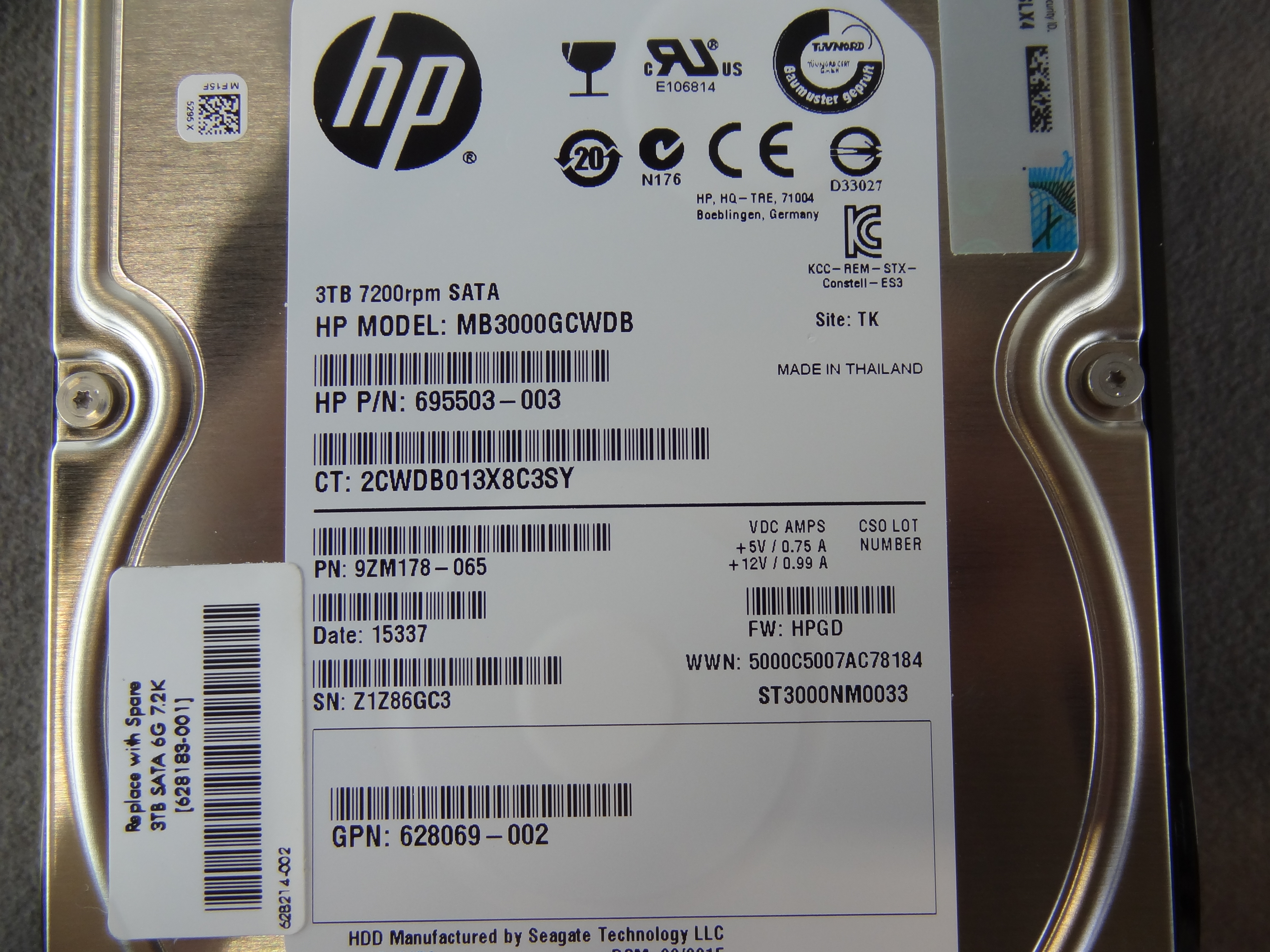 HP 628183-001 3TB 7.2K 6G MDL LFF SATA NHP HE HARD DRIVE - 628065-B21, 801886-B21 