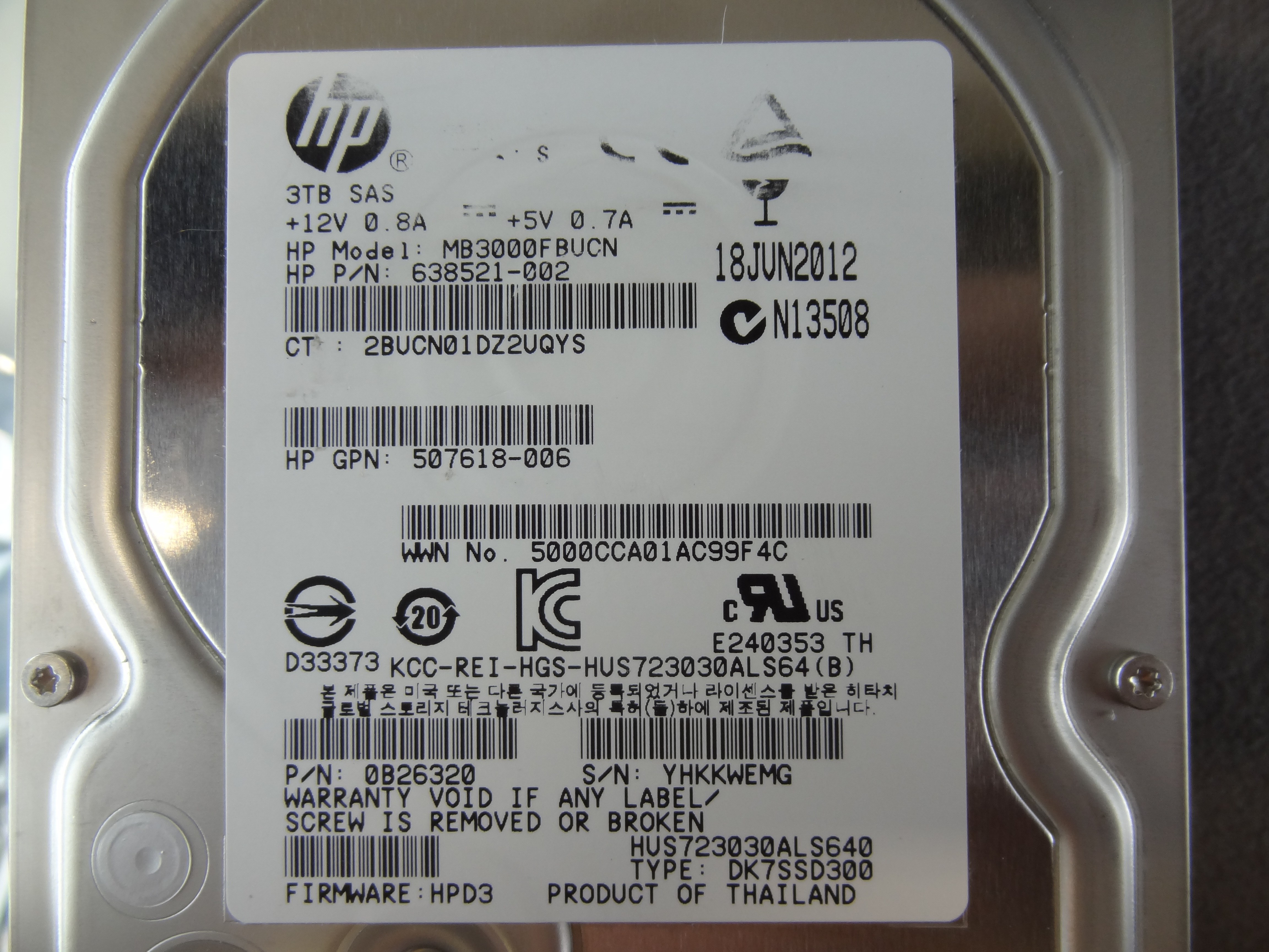 HP 638521-002 638521-002 HP 3TB 7.2K 3.5 SAS HD *New Bulk*