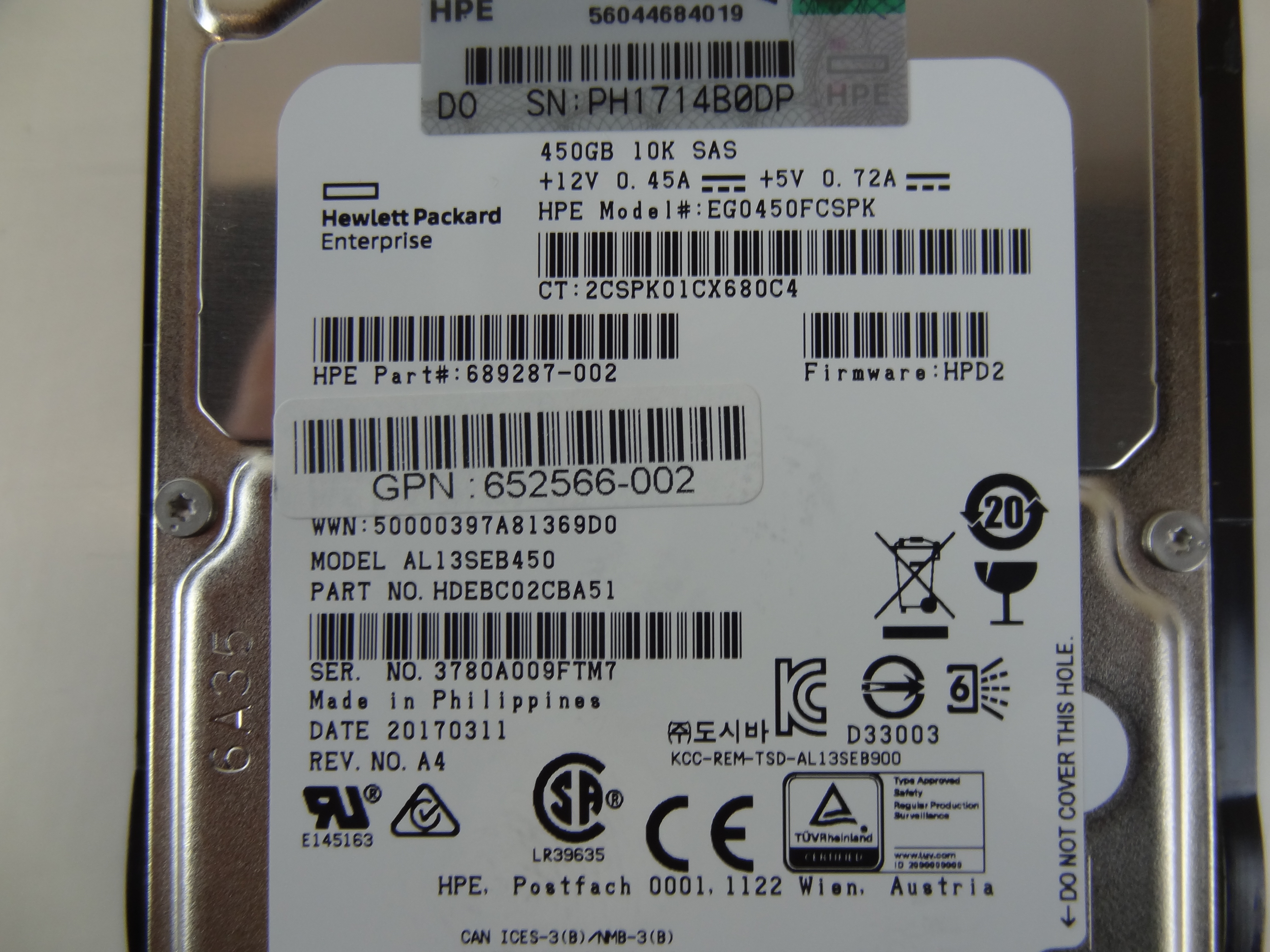 HP 652566-002 HPE 450GB 6G SAS 10K- 2.5IN SC ENT D - 652572-B21, 653956-001 