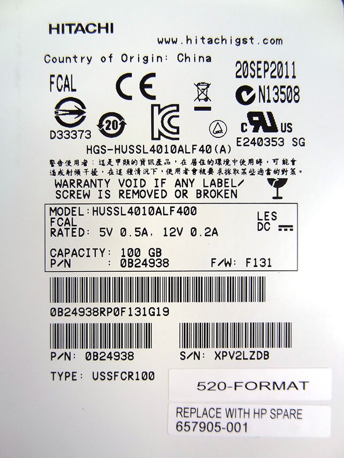 HP 657905-001 3PAR 100GB 4GB SOLID STATE DRIVE - 0B24938