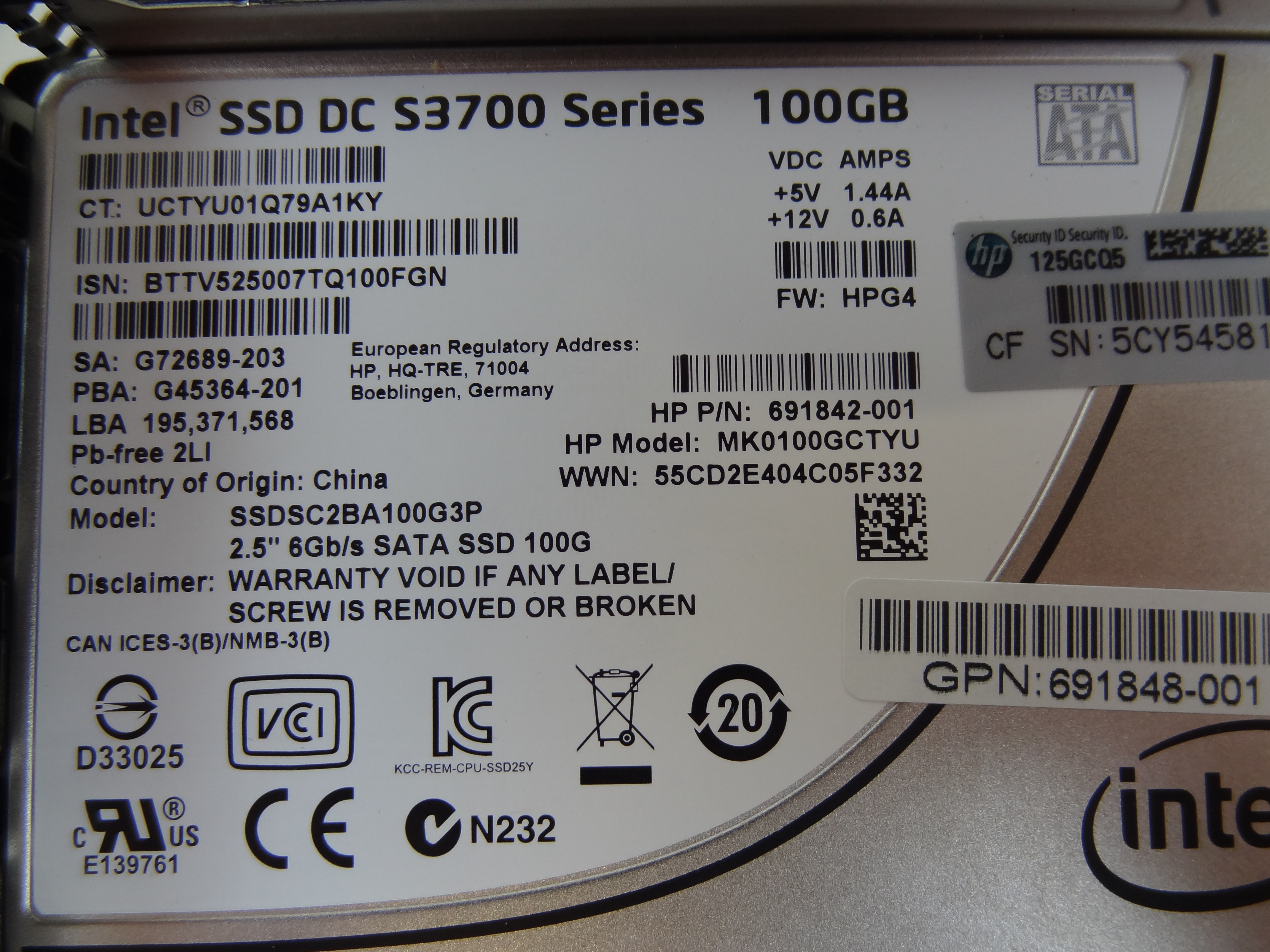 HP 691848-001 100GB 6GB SATA ME 2.5IN SC EM SD 
