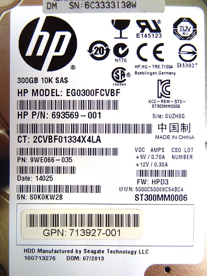 HP 713963-001 300GB 10000RPM 6GB SAS 2.5IN ENTERPRISE HARD DRIVE 