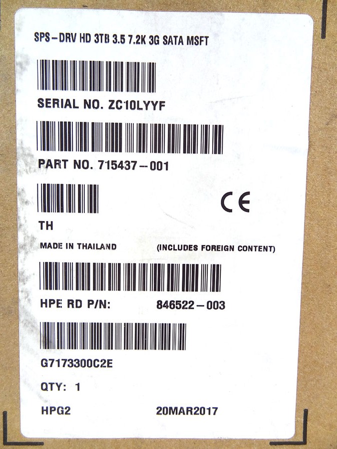 HP 715437-001 HD 3TB 3.5 7.2K 3G SATA MSFT *New Sealed* - 628059-B21, 628180-001, 657736-001