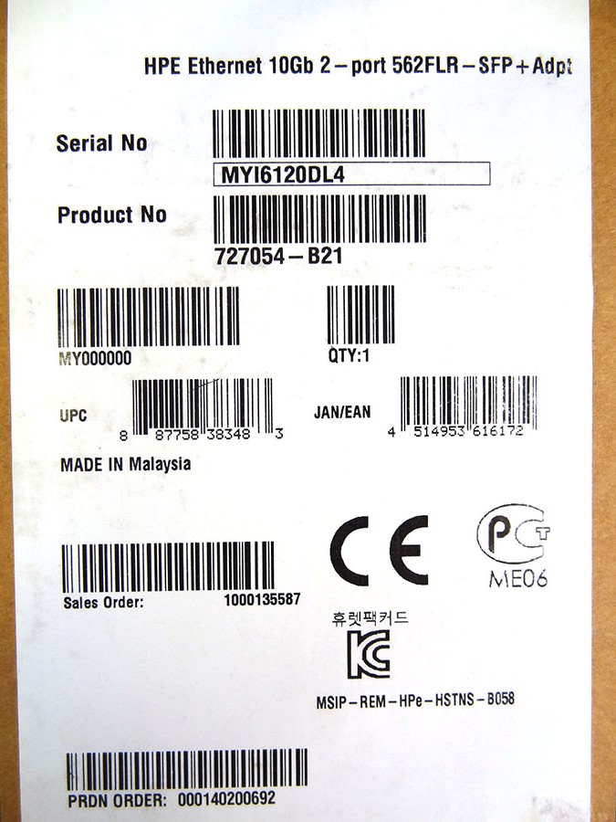 HP 727054-B21 ETHERNET 10GB 2-PORT 562FLR-SFP *New Sealed* - 789004-001, 790317-001 