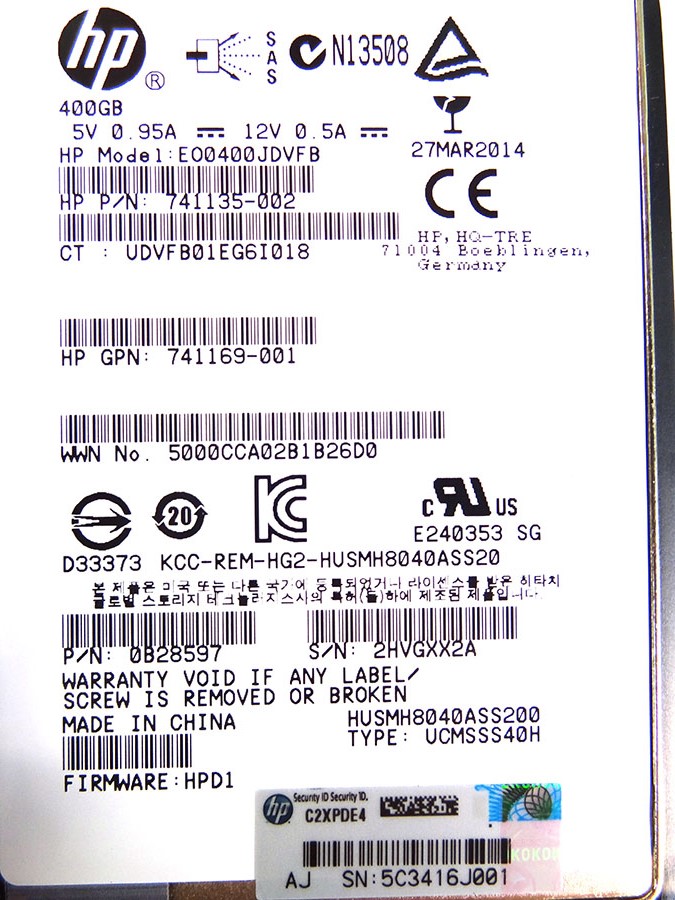 HP 741169-001 400GB 12G SAS HE SFF 2.5IN *New Bulk* - 741153-B21, 741231-001, HUSMH8040ASS200