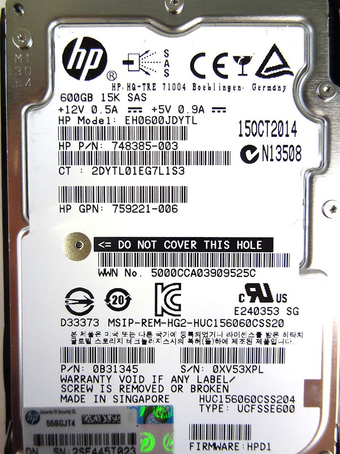 HP 759548-001 600GB SAS 12 SFF HARD DRIVE - 759212-B21 