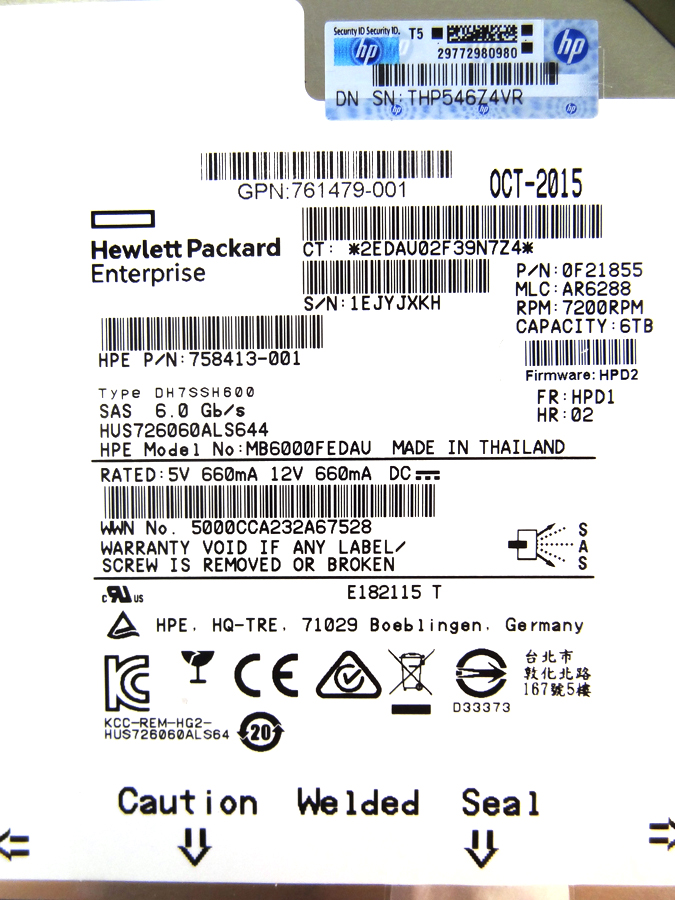 HP 761497-001 6TB 6G 7.2K SAS SC HARD DRIVE - 761477-B21, 780767-001