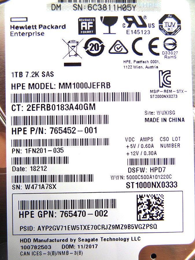 HP 765464-B21 1TB 12G SAS 7.2K 2.5IN 512E - 765872-001