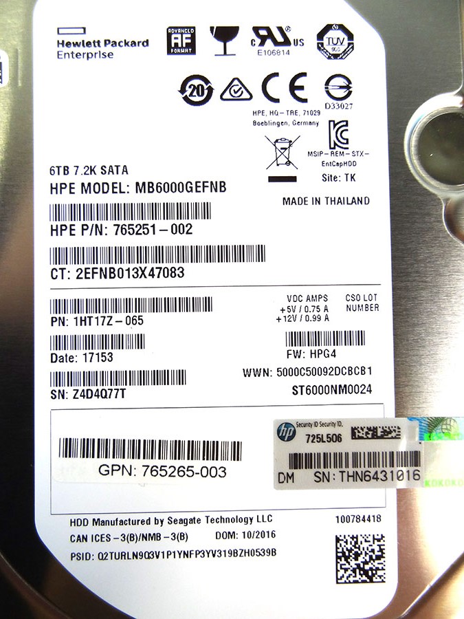 HP 765862-001 6TB SATA 6G MIDLINE 7.2K LFF HDD - 765255-B21