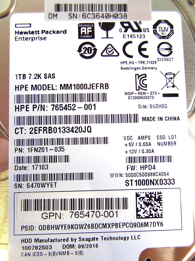 HP 765872-001 1TB 12G SAS 7.2K 2.5IN 512E SCD - 765464-B21