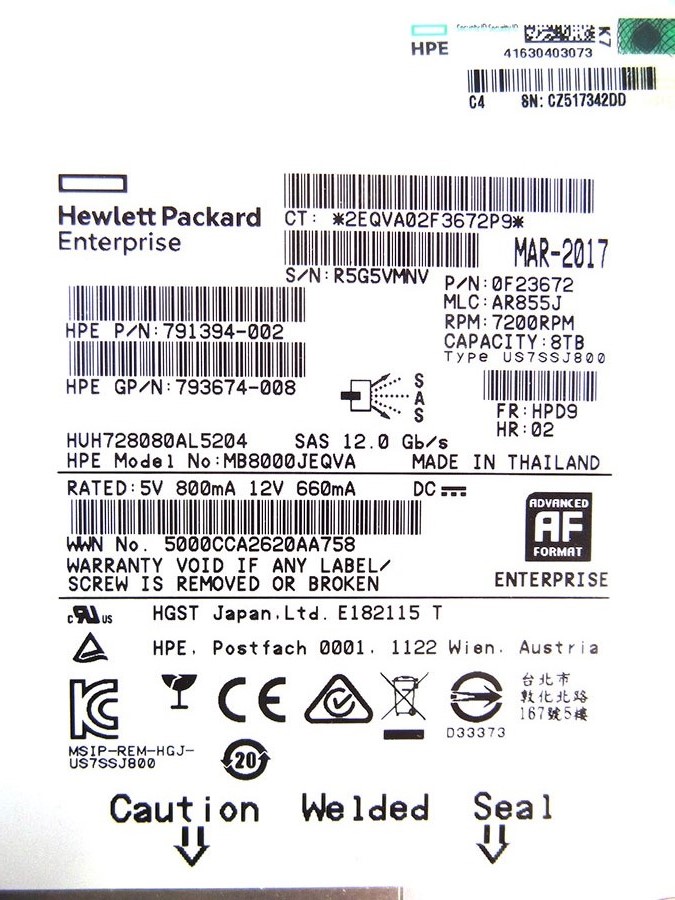 HP 791394-002 8TB 7.2K SAS 12G 3.5 512E-HGST *New Bulk* - 861590-B21, 861607-001 