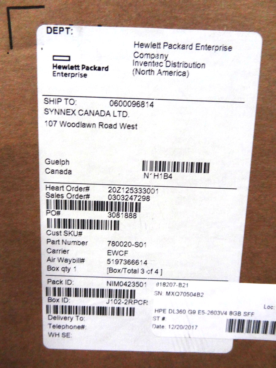 HP 818207-B21 DL360 G9 E5-2603V4 8GB SFF SERVER