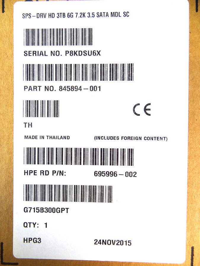 HP 845894-001 HD 3TB 6G 7.2K 3.5 SATA MDL SC