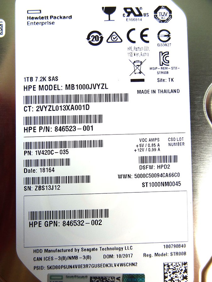 HP 846612-001 1TB 7.2K 12G 3.5INCH SC SAS HDD - 846523-001, 846524-B21