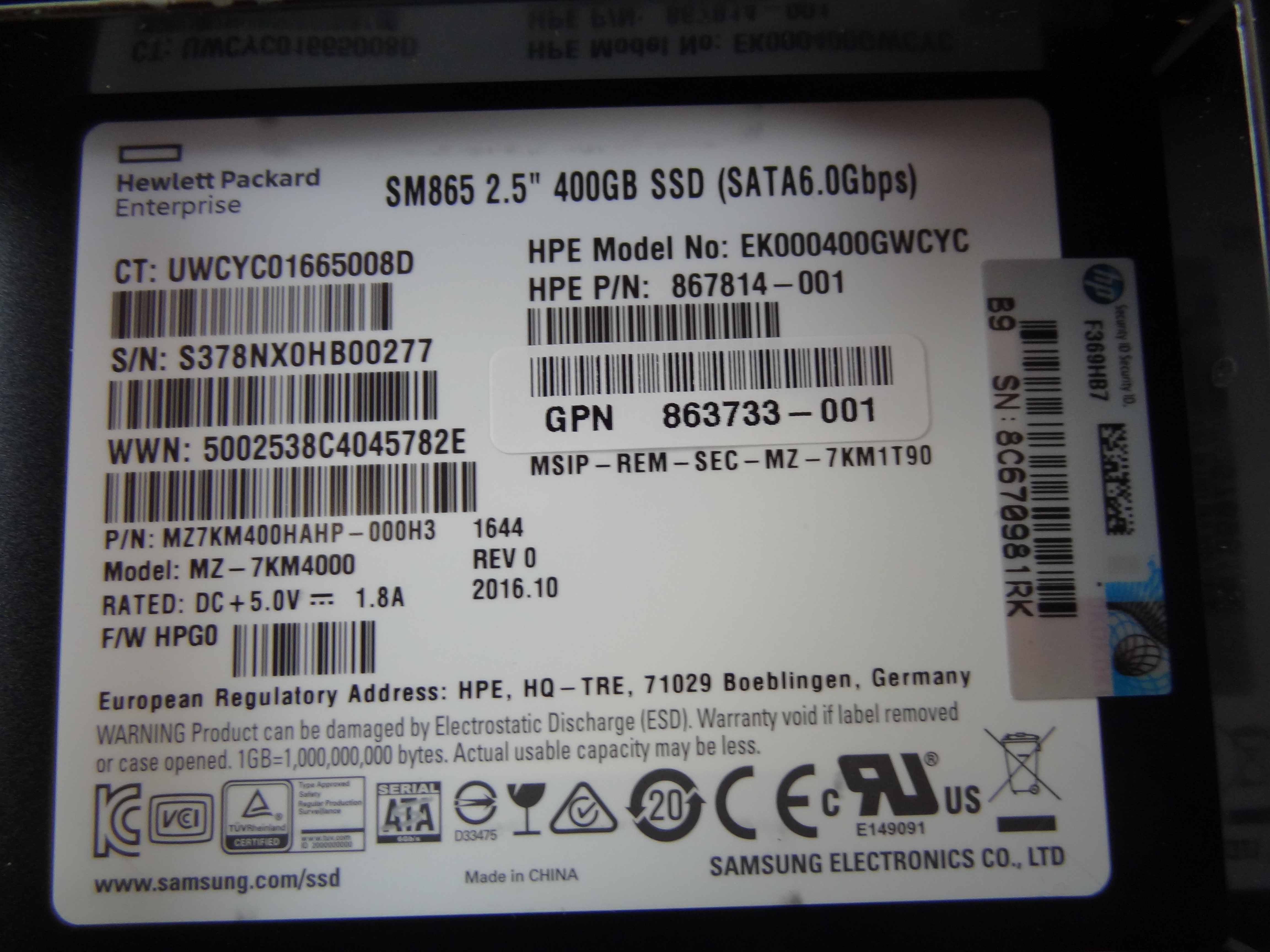 HP 863740-001 400GB 6G 2.5 SATA DRIVE *New Bulk* - 864132-001, 863731-B21