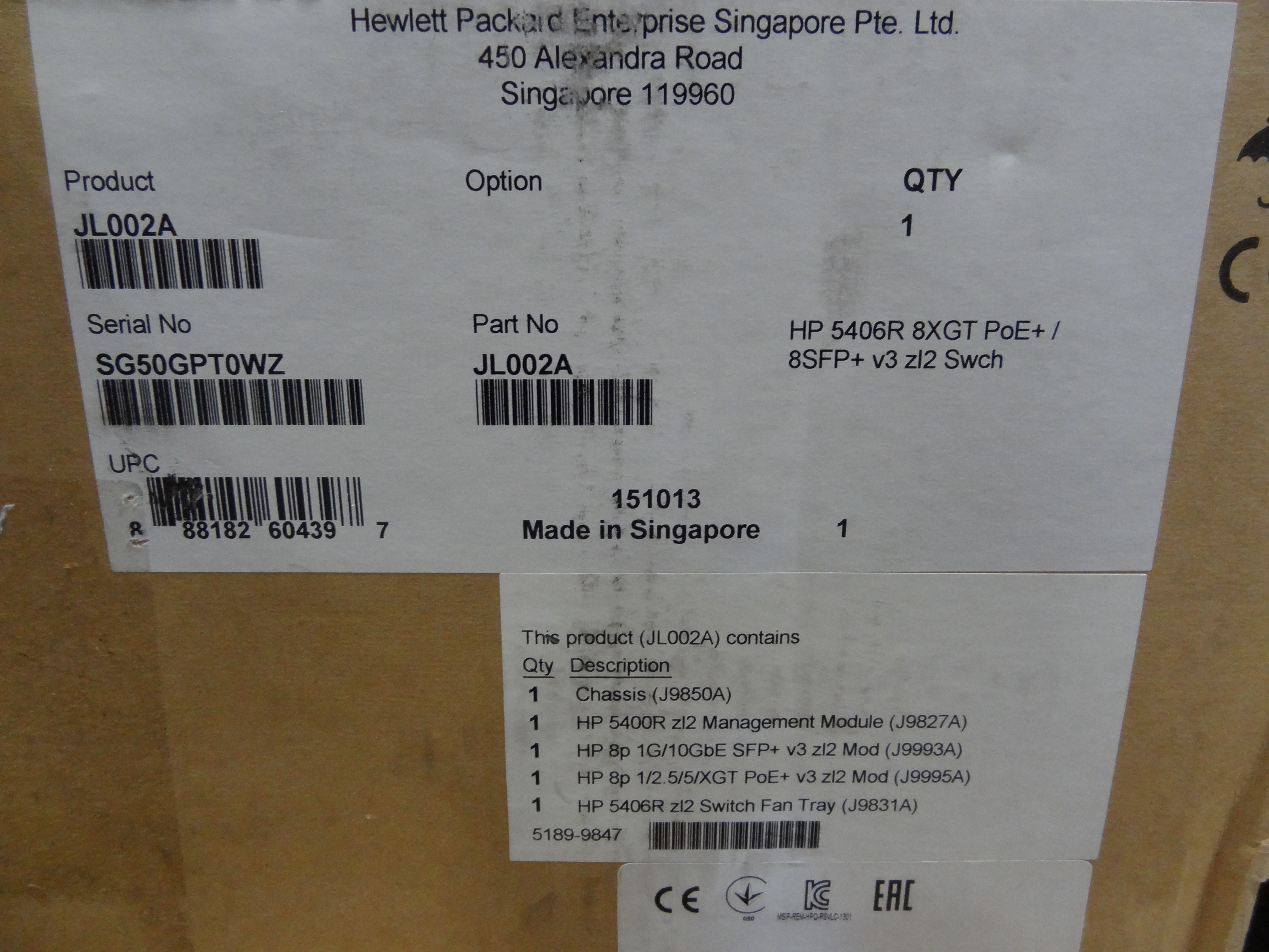 HP JL002A HPE 5406R 8XGT POE+ / 8SFP+ (No PSU) v3 zl2 SWITCH