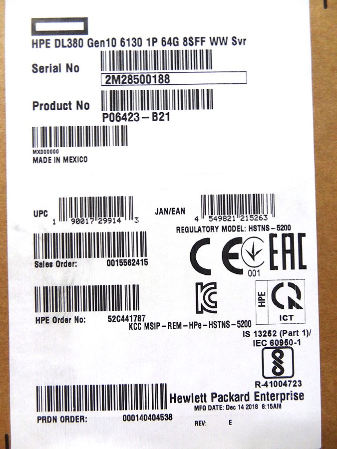 HP P06423-B21 DL380 GEN10 6130 1P 64G 8SFF *New Sealed*