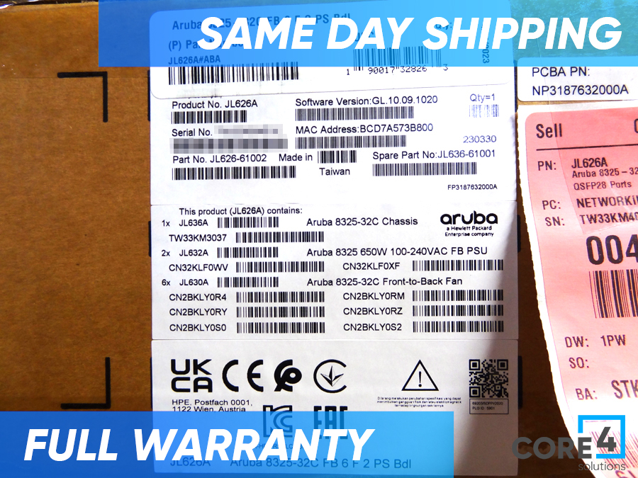 HP JL626A Aruba 8325-32C 32-port 100G QSFP+/QSFP28 Front-to-Back 6 Fan *New Sealed*