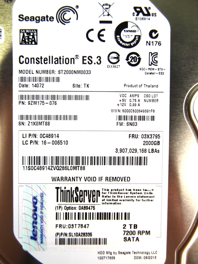 LENOVO 03T7847 2TB 7.2K 6GB SATA HS 3.5 HDD - 0A89475