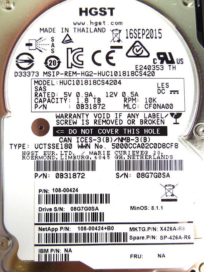 NETAPP X426A-R6 1.8TB 10K 6GBPS 2.5in SAS HS HDD - 108-00424, 108-00424+D0, SP-426A-R6