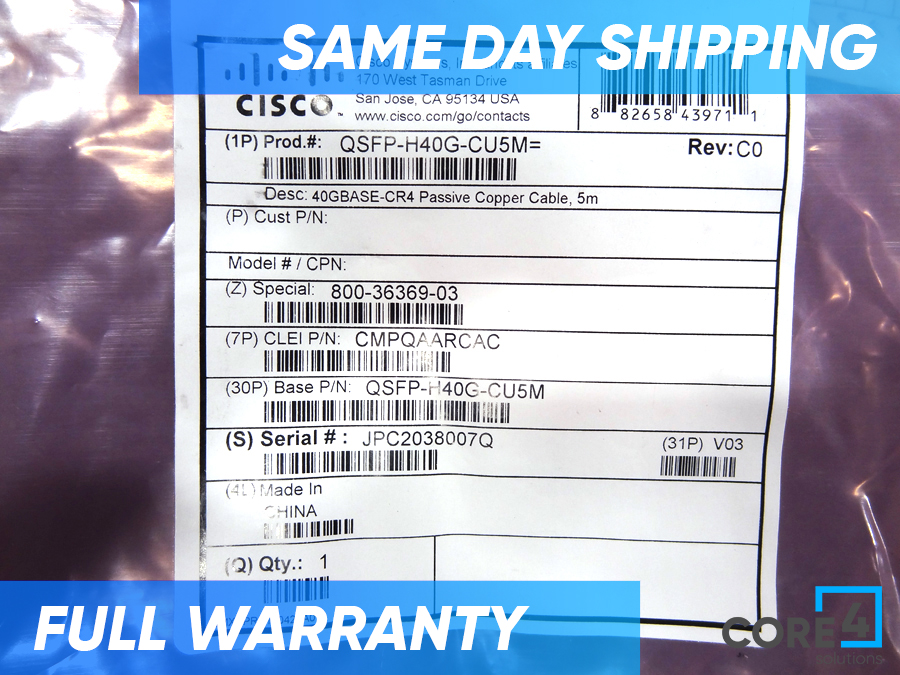 CISCO QSFP-H40G-CU5M 40GBASE-CR4 PASSIVE COPPER 5M *New Sealed* 