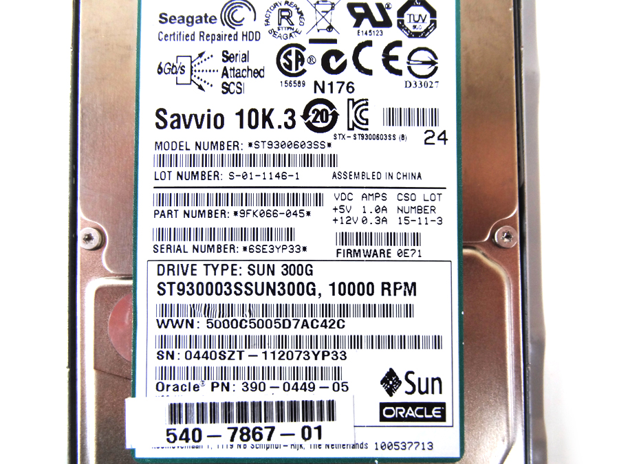 SUN 540-7867 300GB - 10000 RPM SAS, Disk Assembly with 1 bracket and 1 of the following disks: 