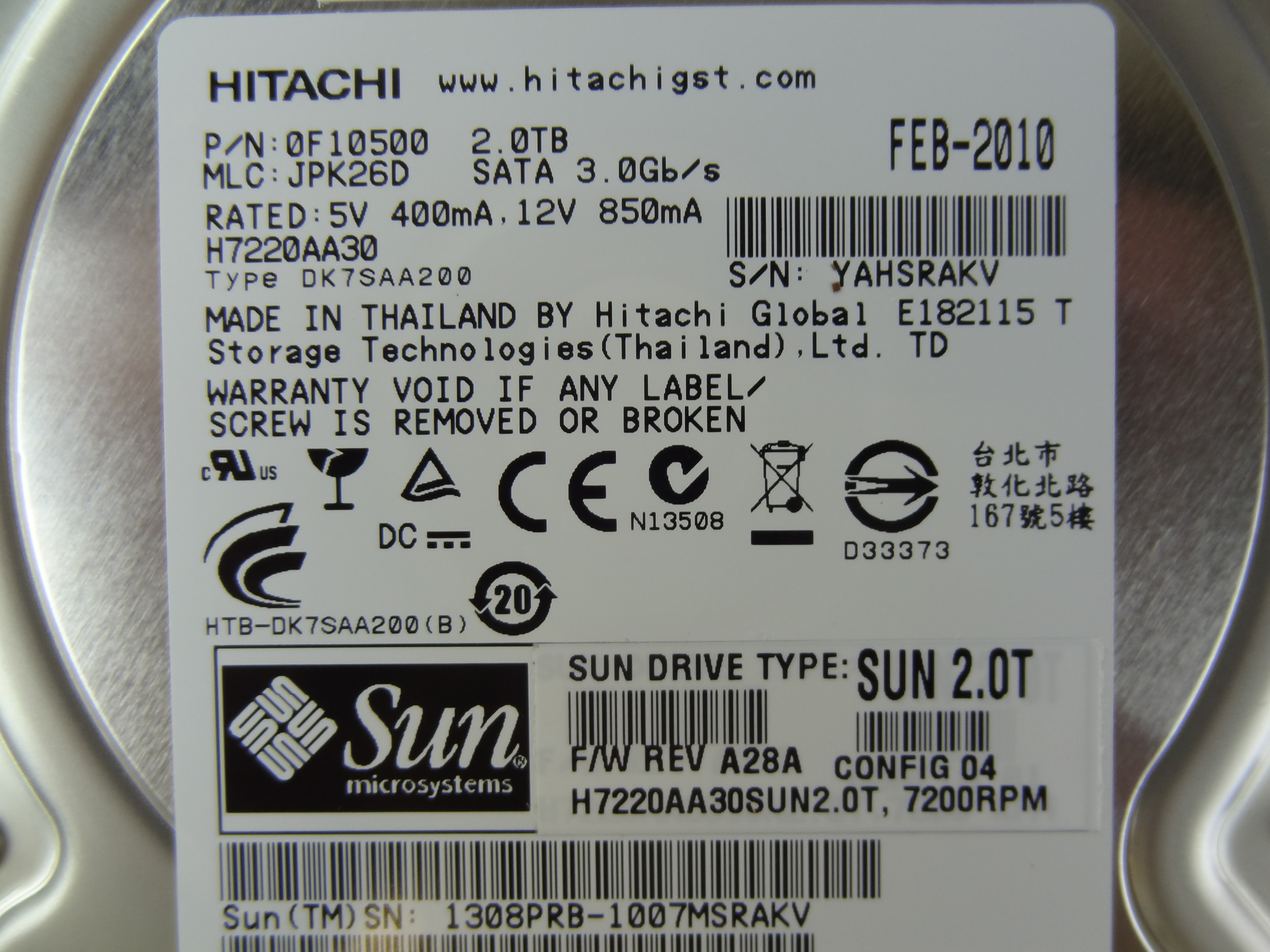 SUN 542-0352 2TB 7.2K SATA DISK DRIVE - 390-0467